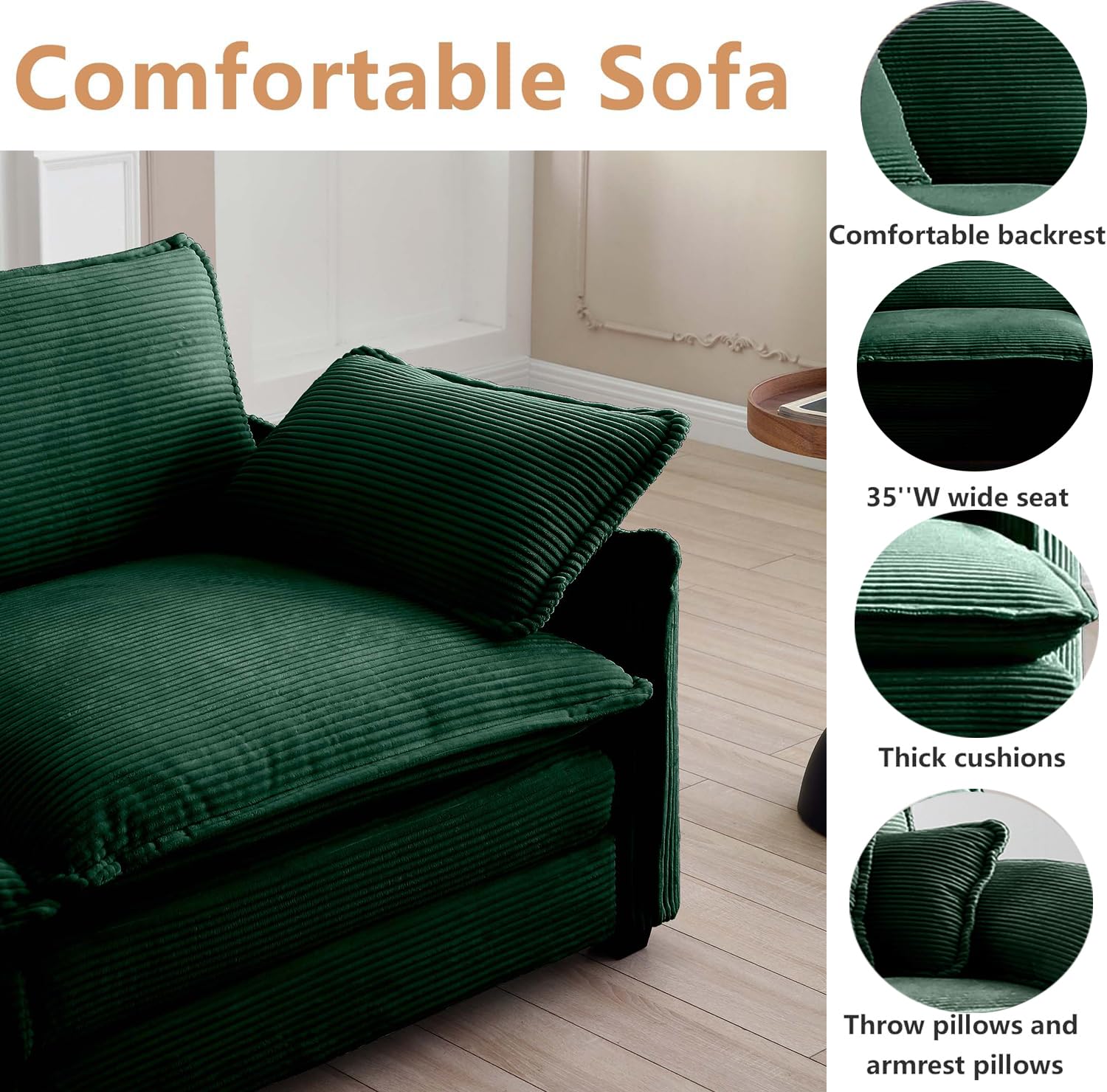 Imseigo Modern Sectional Sofa Modular Deep 2-Seat Sofa Couch, Corduroy Sofa Set Sleeper Comfy Upholstered Furniture for Living Room, Office (Green, 2 Seater)