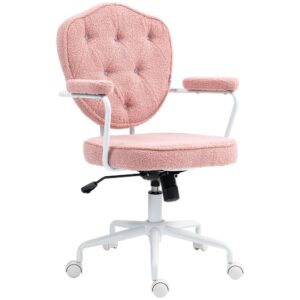 homcom cute home office chair, computer desk chair with button tufted, teddy bear fleece swivel vanity chair, pink