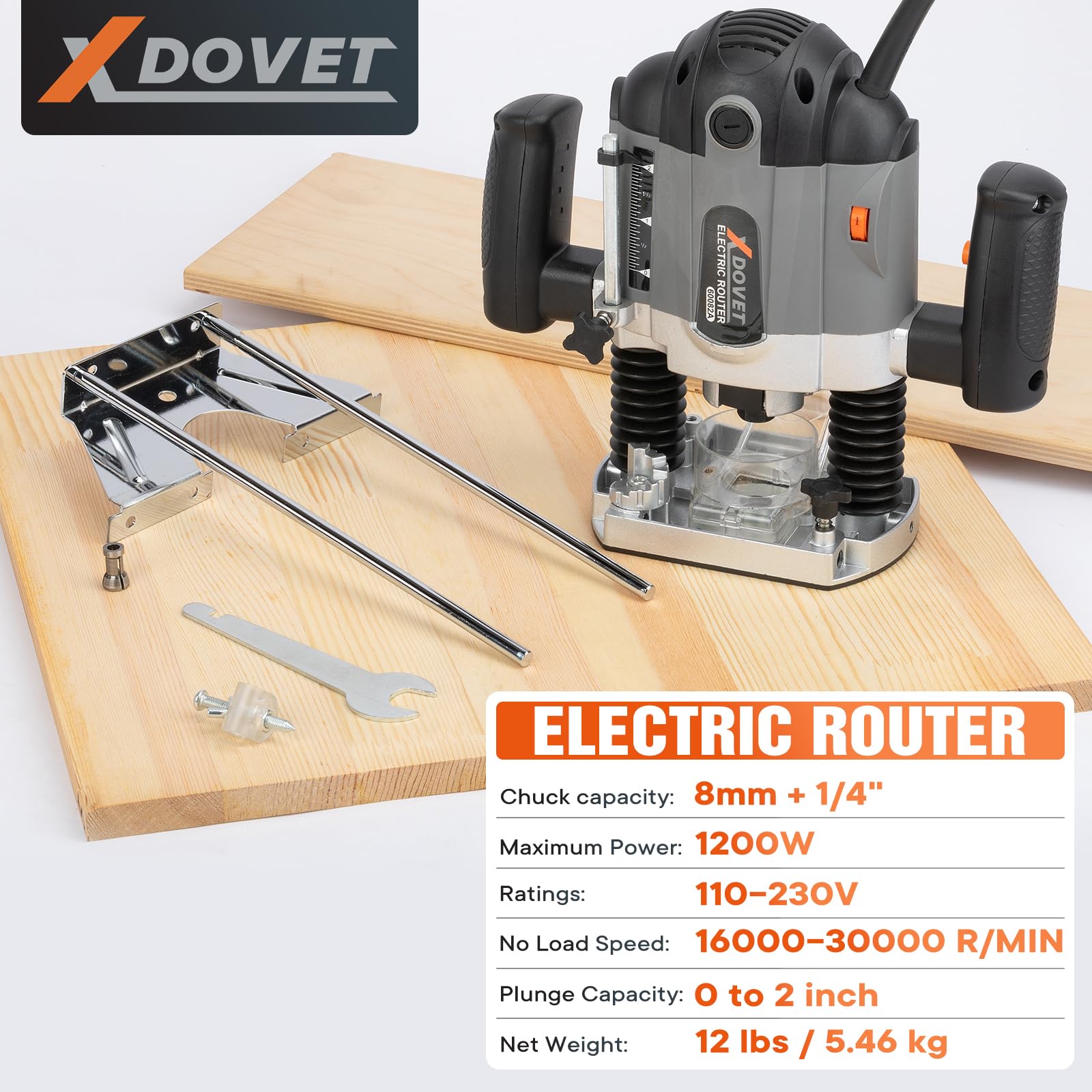 XDOVET 16000-30000 RPM Electronic Plunge Woodworking Router, 6 Variable Speeds Wood Router Tool, 1.7 HP 10-Amp Plunge Woodworking Router Kit with Parallel Guide and Vacuum Adaptor, 1200W