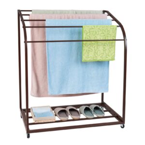 flarhetoric pool towel rack, outdoor pvc trapedozal pool storage rack with 5 towel bars, pool float storage with wheels, pool towel holder, stores floats and paddles, swimming rings, brown