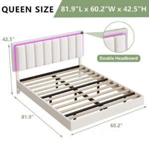 IMMERSTABLE Floating Bed Frame Queen with RGB LED Lights, Upholstered Bed Frame Queen with Headboard, Solid Wood Slats Support, Queen Bed Frame No Box Spring Needed, Noise-Free, Easy Assembly, White