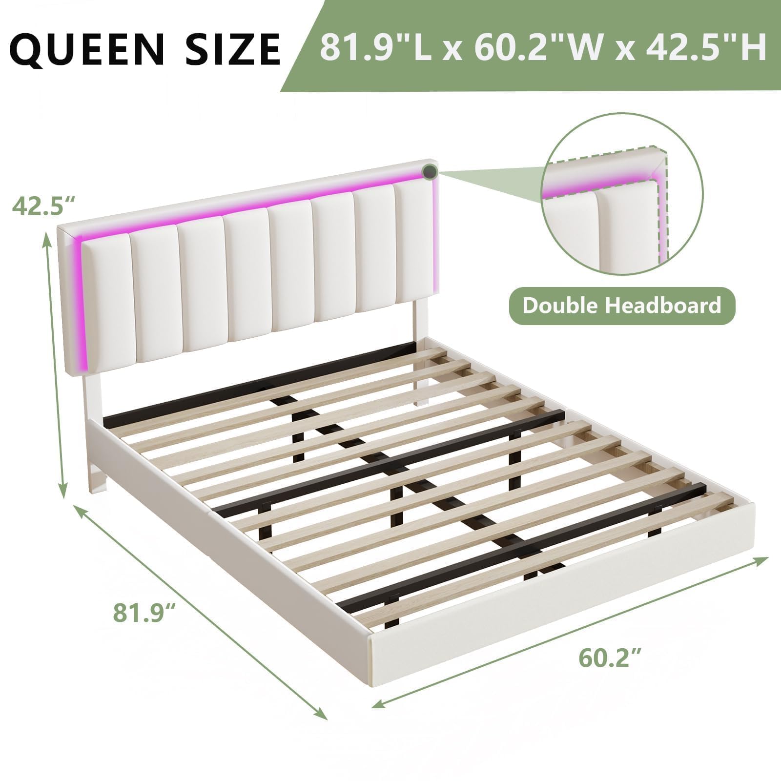 IMMERSTABLE Floating Bed Frame Queen with RGB LED Lights, Upholstered Bed Frame Queen with Headboard, Solid Wood Slats Support, Queen Bed Frame No Box Spring Needed, Noise-Free, Easy Assembly, White