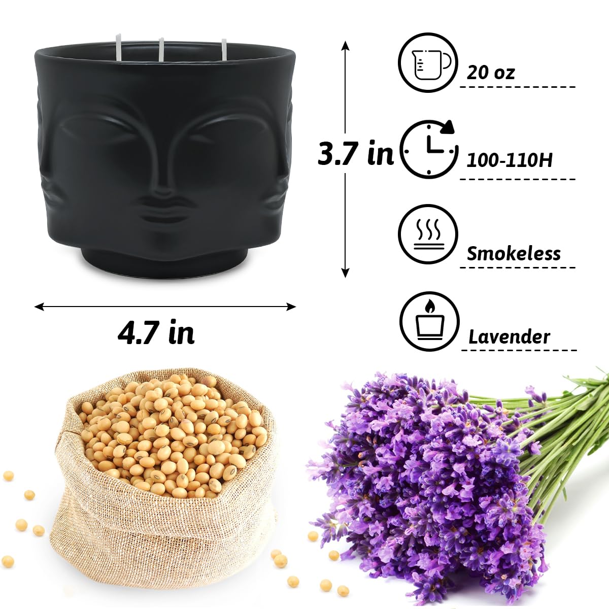 20 oz Black Buddha Head Aromatherapy Candle, Lavender Scent, 3-Wick Soy Wax Candle for Relaxation and Meditation, Decorative Candle for Home Décor, Stress Relief Candle