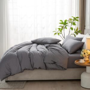 Duvet Cover Queen Size 100% Cotton Satin - Comforter Cover Set with Zipper Closure, Smooth, Breathable, Soft Sateen Weave, Hotel Comfort, 3 Pcs - 90"x90" (1 Duvet Cover & 2 Pillow Shams) Storm Gray