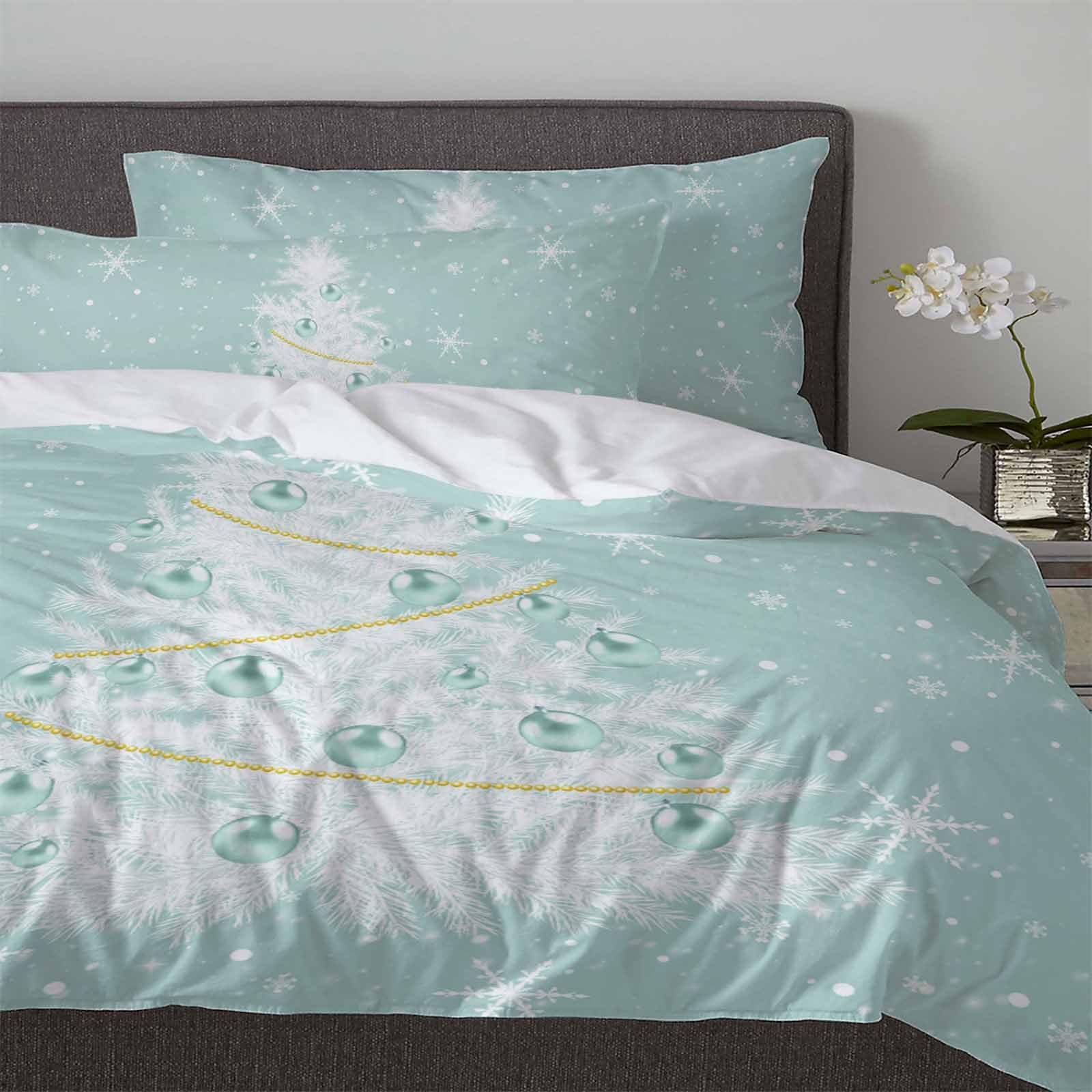 ZOE GARDEN Aqua Christmas Tree Duvet Cover Queen Size Bedding Set, 3 Pieces Washed Patterned Textured Bed Comforter/Quilt Cover with Matching White Snowflakes Xmas Holiday Pillowcases for All Seasons