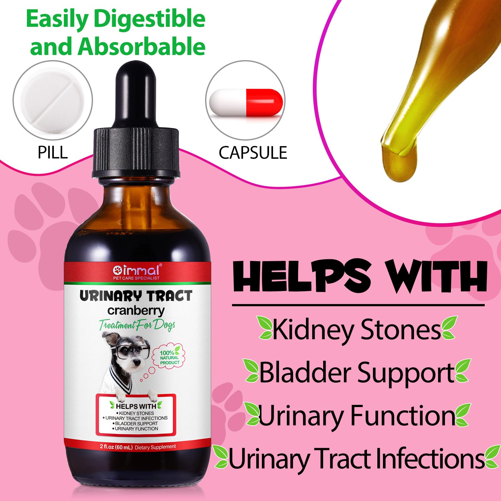 Urinary Tract Infection Treatment for Dogs, Natural Herb Supplement UTI Care Drops, Cranberry Kidney Stones Bladder Support, Keep Pet Dogs Renal Healthier, Bacon Flavor, 60ml