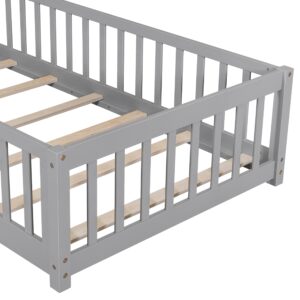 Twin Size Montessori Floor Bed for Kids,Twin Floor Bed Frame with Slats,Solid Wood Twin Bed Frame for Girls Boys,Grey