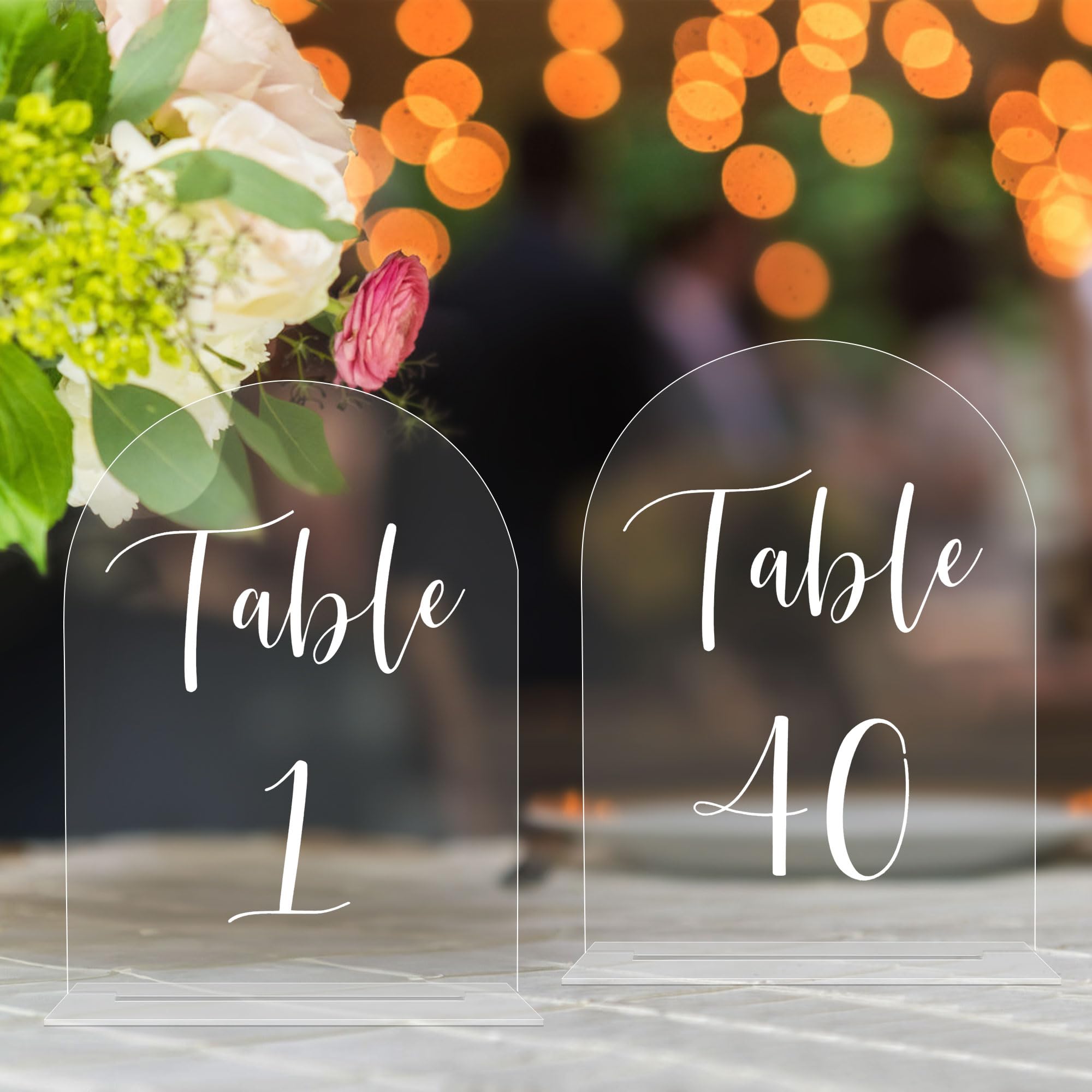 JOYIT Arch Wedding Table Numbers 1-40 with Stands – 5" X 7" Acrylic Table Signs with Clear Background White Text, Perfect Acrylic Table Numbers for Wedding Receptions, Parties, Anniversaries, and Events