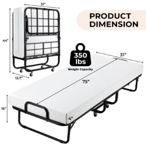 TLGREEN 75" x 31" Folding Bed with Mattress, Iron Frame Portable Bed, Cot Size Rollaway Bed with 4 Inch Premium Memory Foam Mattress and Dust Proof Cover, for Bedroom, Guest Room, Apartment, Dormitory