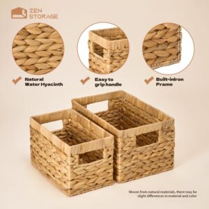 ZenStorage Wicker Storage Basket, Hand-Woven Water Hyacinth Bins for Shelves/Cabinet, Square Wicker Basket with Handles for Organizing Tissue/Book/Magazine/Toy/Blanket, Small&Large, 2 Pack, Natural