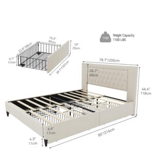 YITAHOME King Size Bed Frame, Storage Bed Frame with 4 Drawer Storage & Diamond Button Tufted Headboard, Contemporary Upholstered Platform Bed Frame, Box Spring Not Required, Beige