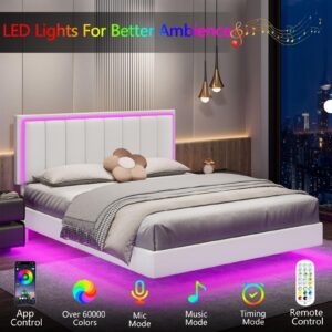 IMMERSTABLE Floating Bed Frame Queen with RGB LED Lights, Upholstered Bed Frame Queen with Headboard, Solid Wood Slats Support, Queen Bed Frame No Box Spring Needed, Noise-Free, Easy Assembly, White