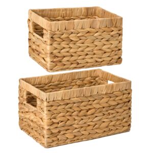 zenstorage wicker storage basket, hand-woven water hyacinth bins for shelves/cabinet, square wicker basket with handles for organizing tissue/book/magazine/toy/blanket, small&large, 2 pack, natural