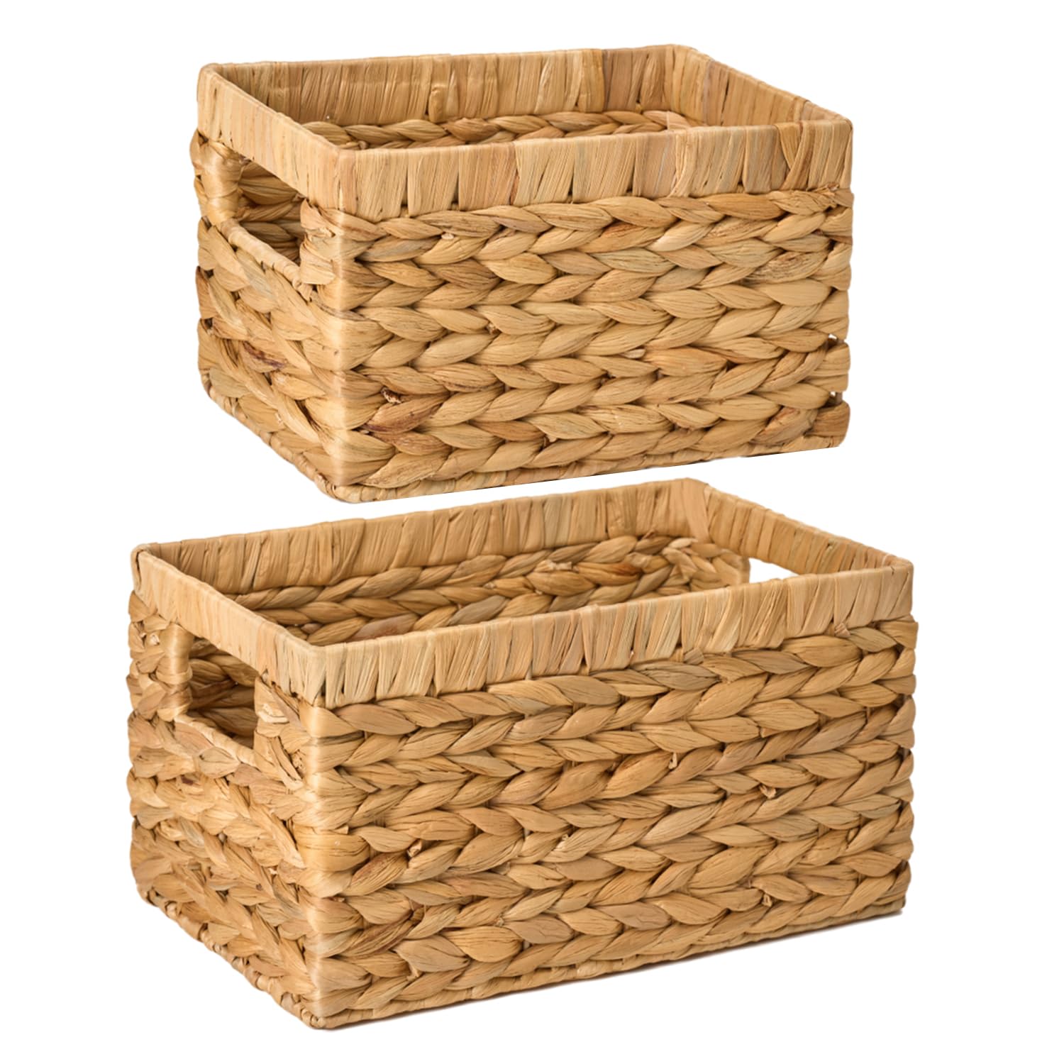 ZenStorage Wicker Storage Basket, Hand-Woven Water Hyacinth Bins for Shelves/Cabinet, Square Wicker Basket with Handles for Organizing Tissue/Book/Magazine/Toy/Blanket, Small&Large, 2 Pack, Natural