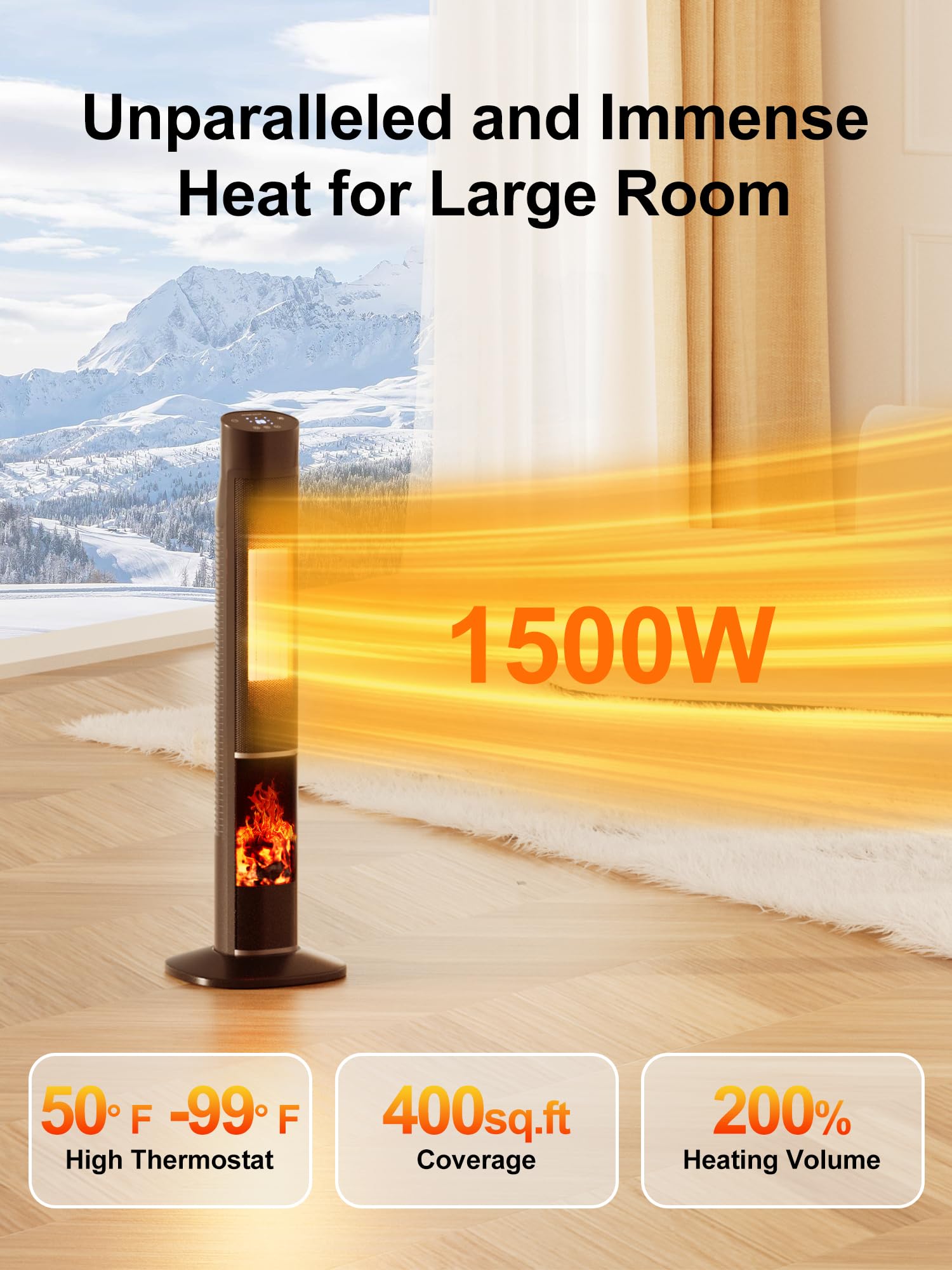 Uthfy Space Heaters for Indoor Use, 32" Electric Heater With Flame for 400 Sq.ft Large Room, 1500W Portable Tower Ceramic Room Heater With 24 H Timer, Remote, 80°Oscillation, 3 Modes for Bedroom