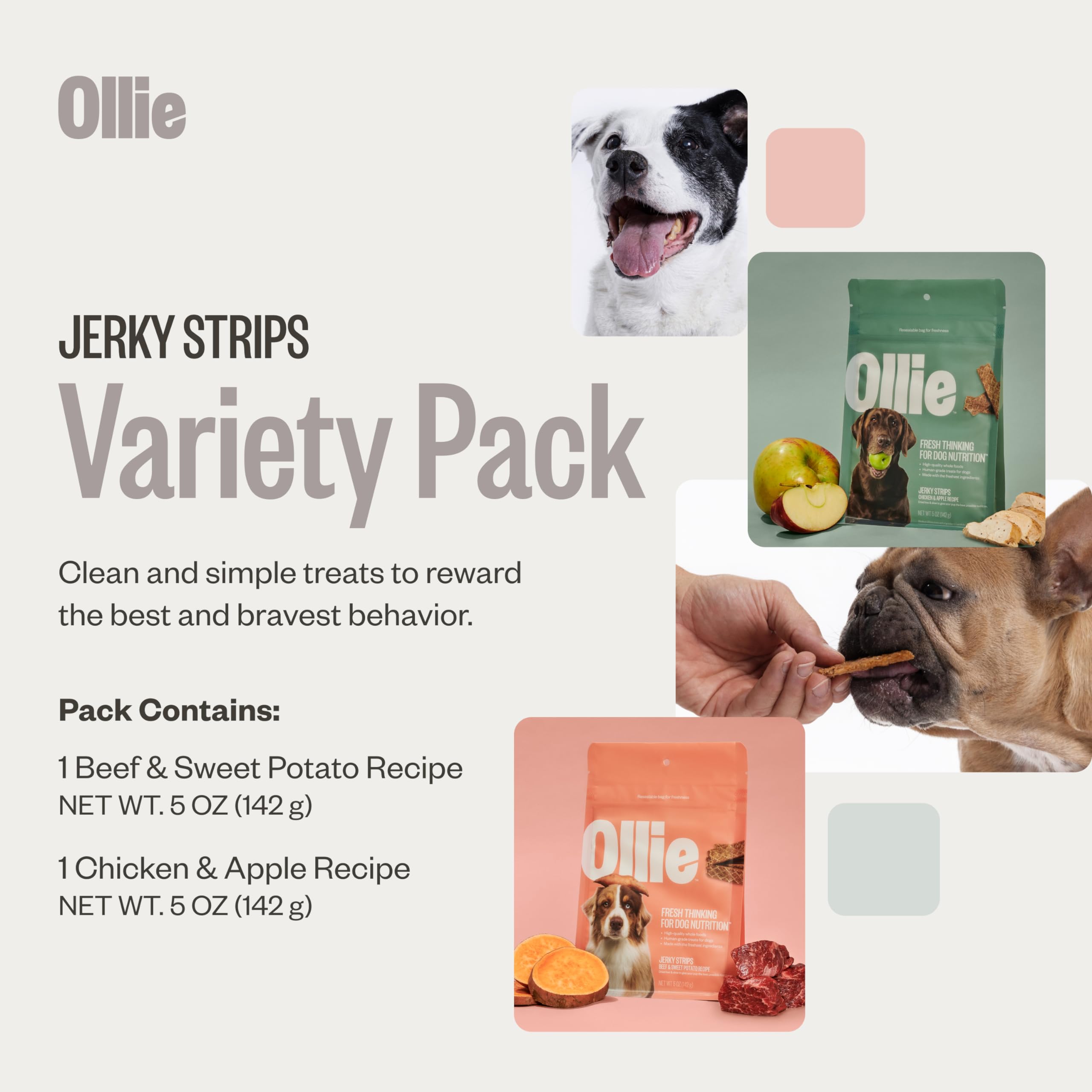 Ollie Belly Rubs Dog Probiotic Chews - Probiotics for Dogs and Ollie Jerky Treats Variety Pack - Chicken and Apple Recipe and Beef and Sweet Potato Recipe - Dog Jerky Treats