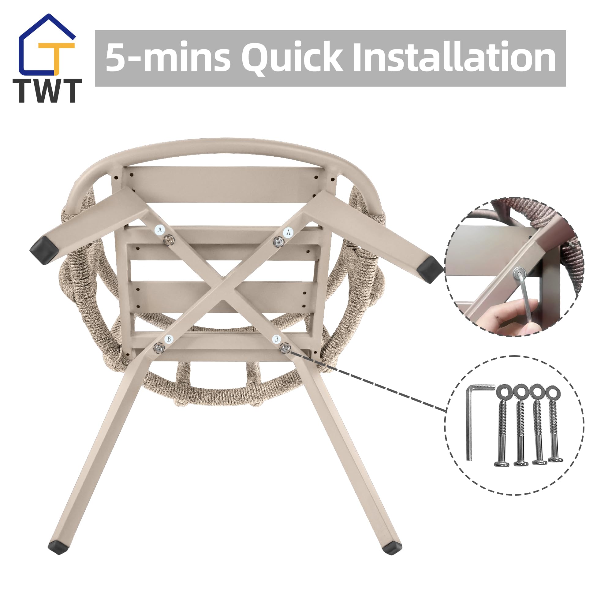 TWT Outdoor Dining Chairs Set of 8 - Aluminum Patio Chairs with Armrest & Wide Seat, All Weather 350 lbs Capacity Rope Indoor Outside Chair for Porch, Garden