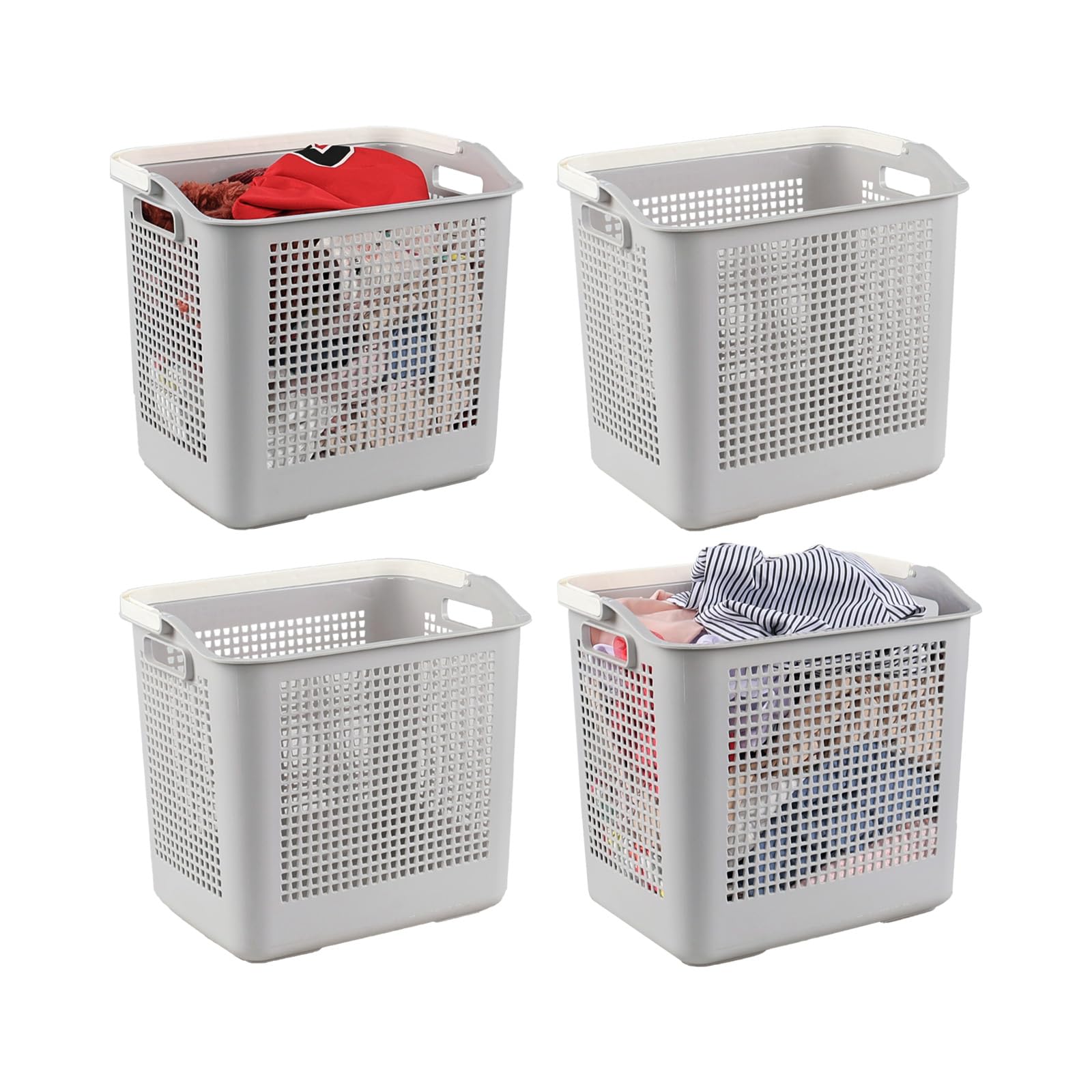 Fabnati 35 Liter Plastic Laundry Basket with Carry Handle, 4 Pack Clothes Hamper, Gray