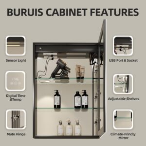 Buruis Medicine Cabinet with LED Lights and Mirror, 16 x 24 Inch Surface or Recessed Mounted Bathroom Cabinet, 3-Color Light, Clock&Temp, Defogger, Memory Function, Outlet & USB, Dimmer, Black