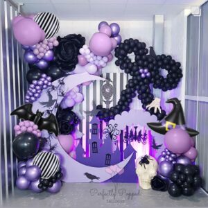 Halloween Balloon Garland Arch Kit, 154pcs Metallic Dusty Macron Purple and Black Balloon with Witch Hat Bat Striped Foil Balloons for Halloween Vampirina Nightmare Prom Horror Themed Party Decoration