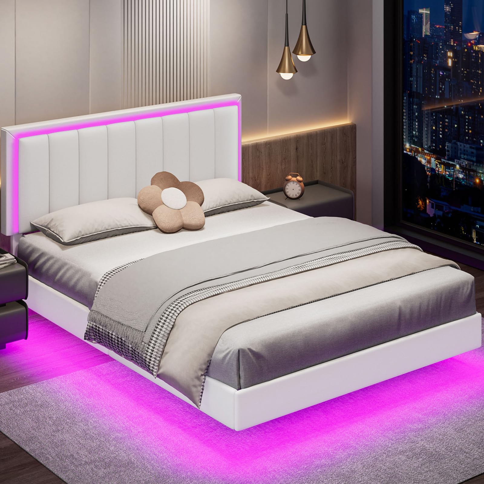 IMMERSTABLE Floating Bed Frame Queen with RGB LED Lights, Upholstered Bed Frame Queen with Headboard, Solid Wood Slats Support, Queen Bed Frame No Box Spring Needed, Noise-Free, Easy Assembly, White