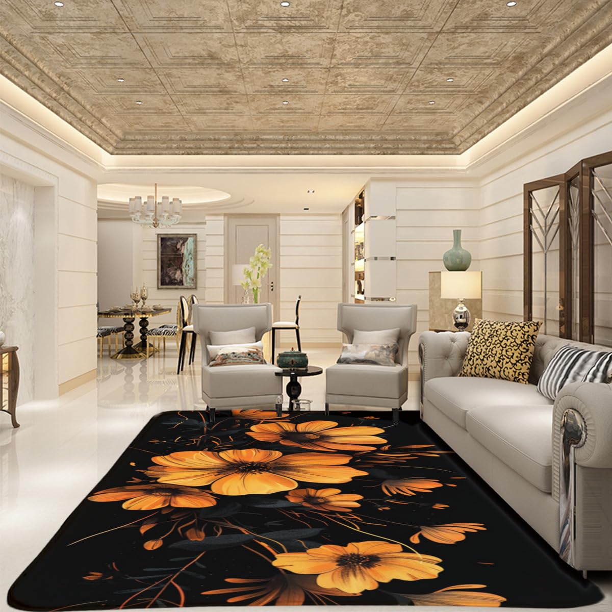 Floral Rug for Living Room, Rectangular Rug with Yellow Stylish Flowers on Black Background, Non-Slip Rug for Modern Home Living Room, Bedroom, Hallway, Office, Dining Room, entryway 24x36inch