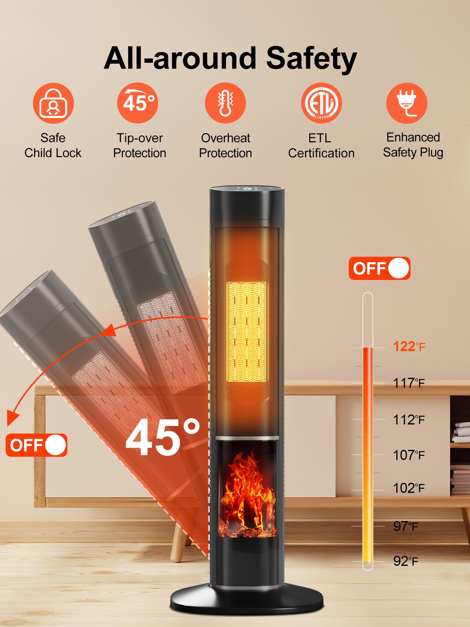 Uthfy Space Heaters for Indoor Use, 32" Electric Heater With Flame for 400 Sq.ft Large Room, 1500W Portable Tower Ceramic Room Heater With 24 H Timer, Remote, 80°Oscillation, 3 Modes for Bedroom