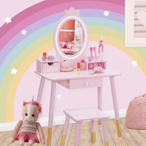 OHKIDS Vanity Set with Table & Stool, Wooden Princess Vanity w/Lights & Mirror, 2-in-1 Kids Makeup Table, Dressing Desk, Large Drawer, Storage Box, Jewelry Rack, Chair, Little Girls Pretend Play Set