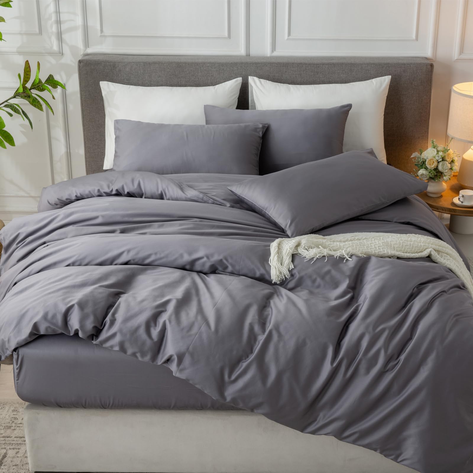 Duvet Cover Queen Size 100% Cotton Satin - Comforter Cover Set with Zipper Closure, Smooth, Breathable, Soft Sateen Weave, Hotel Comfort, 3 Pcs - 90"x90" (1 Duvet Cover & 2 Pillow Shams) Storm Gray