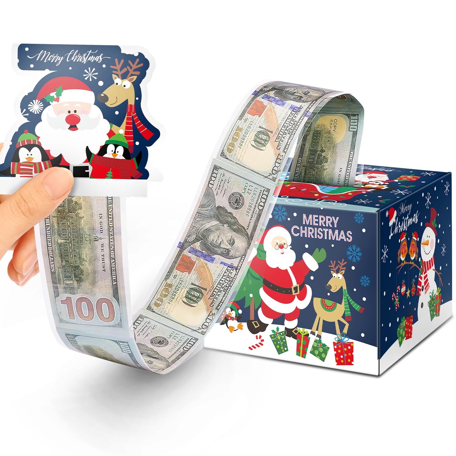 Christmas Money Box for Cash Gift Pull, Money Holder Cash Gift for Kids Adults, DIY Fun Holiday Cash Box, Surprise Gift Box for Parents, Lovers and Friends, Includes 50Pcs Transparent Bags (Blue)