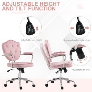 HOMCOM Cute Home Office Chair, Computer Desk Chair with Button Tufted Velvet-Feel Fabric, Swivel Vanity Chair, Pink