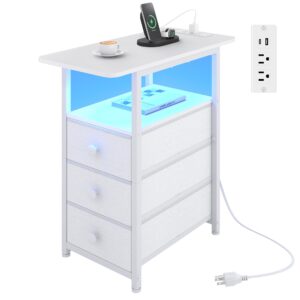 dalemhome end table with charging station, narrow side table with 3 fabric drawers, skinny nightstand with led light for small spaces, bedroom, living room, white hket1303wt