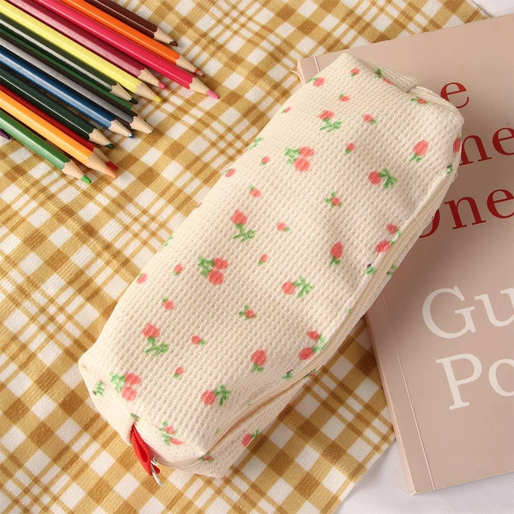 Cute Floral Pencil Case Holder Women Fresh Style Pencil Bag Flower Floral Canvas Large Pen Pencil Pouch Bag Cosmetic Storage Bags(Pink)