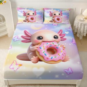 ailonen cute axolotl fitted sheet set full size,3-piece doughnut axolotl bed sheet set for kids girls all season,pretty butterfly design axolotl print fitted sheet with 2 pillowcases,microfiber