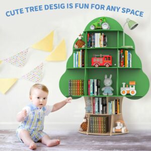 Tree Kids Bookshelf, Toddler Wood Bookcase, 16-Cubby Children Toy Storage Organizer Book Shelf for Kids Rooms, Nursery, Bedroom, Living Room, Classroom, Boy Girl’s Gift (Green Tree)