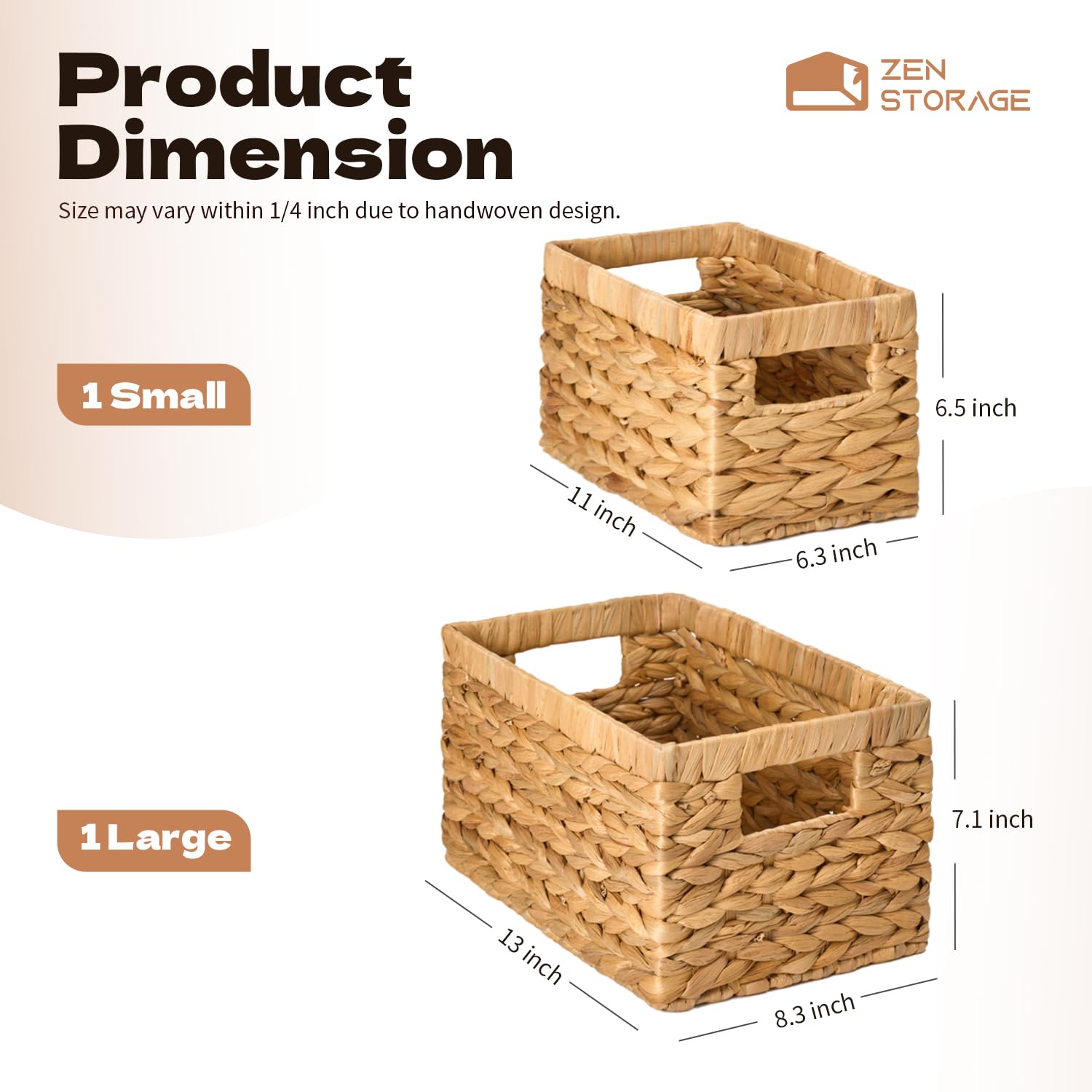 ZenStorage Wicker Storage Basket, Hand-Woven Water Hyacinth Bins for Shelves/Cabinet, Square Wicker Basket with Handles for Organizing Tissue/Book/Magazine/Toy/Blanket, Small&Large, 2 Pack, Natural