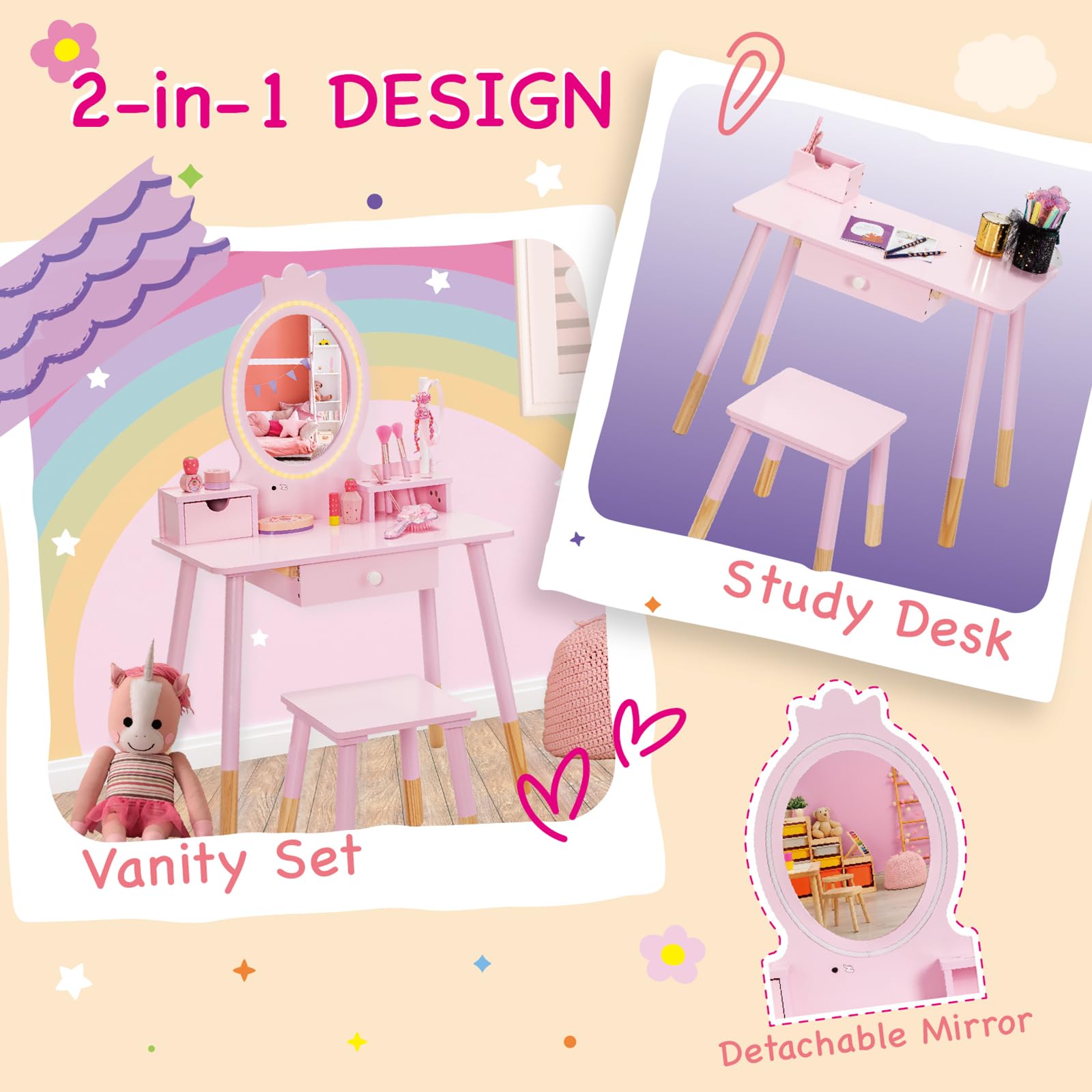 OHKIDS Vanity Set with Table & Stool, Wooden Princess Vanity w/Lights & Mirror, 2-in-1 Kids Makeup Table, Dressing Desk, Large Drawer, Storage Box, Jewelry Rack, Chair, Little Girls Pretend Play Set