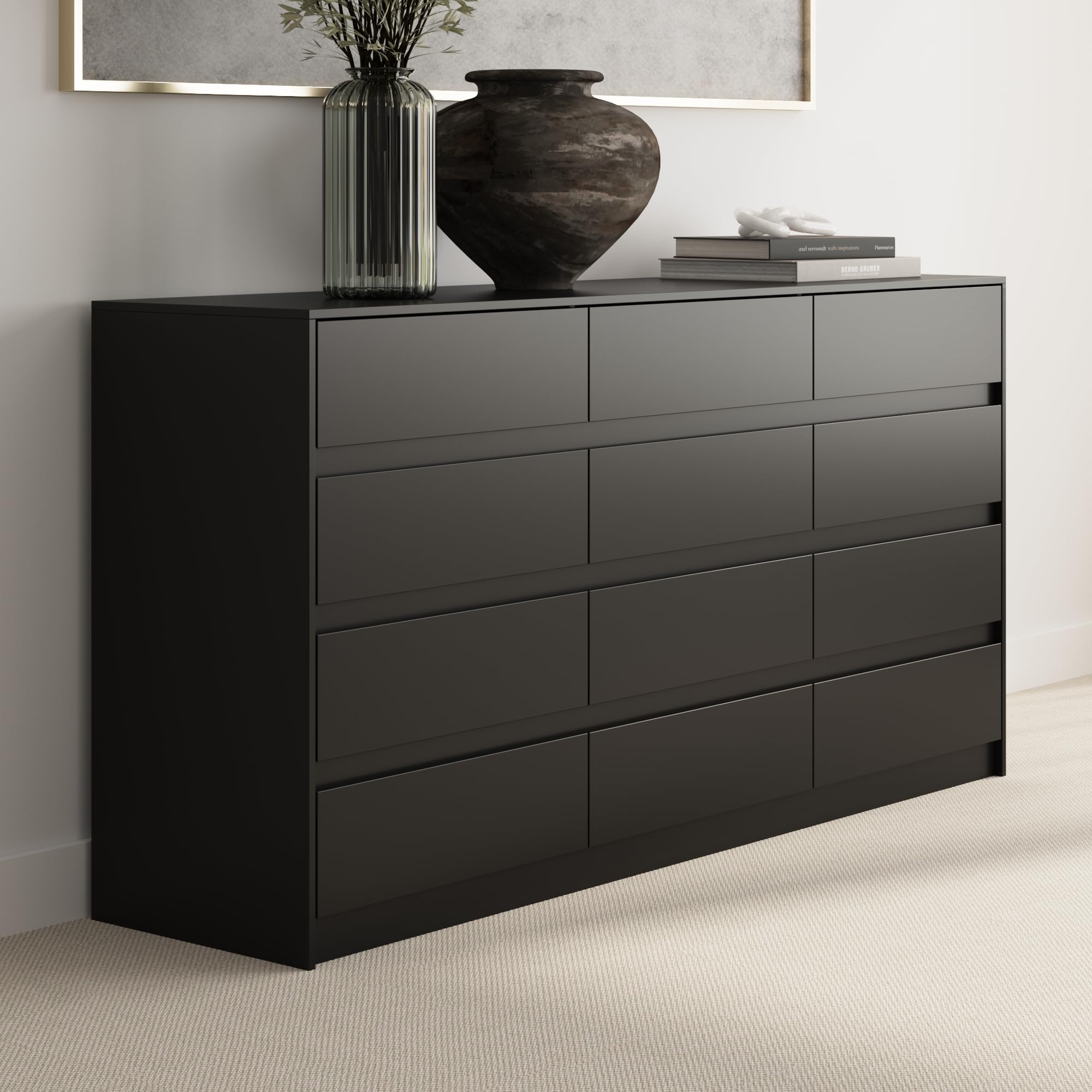 WOODTIME Dresser with 12 Handleless Drawers, 63" Large Chest of Drawers with Slide Rails, Modern Wooden Double Dresser for Bedroom Living Room, Black