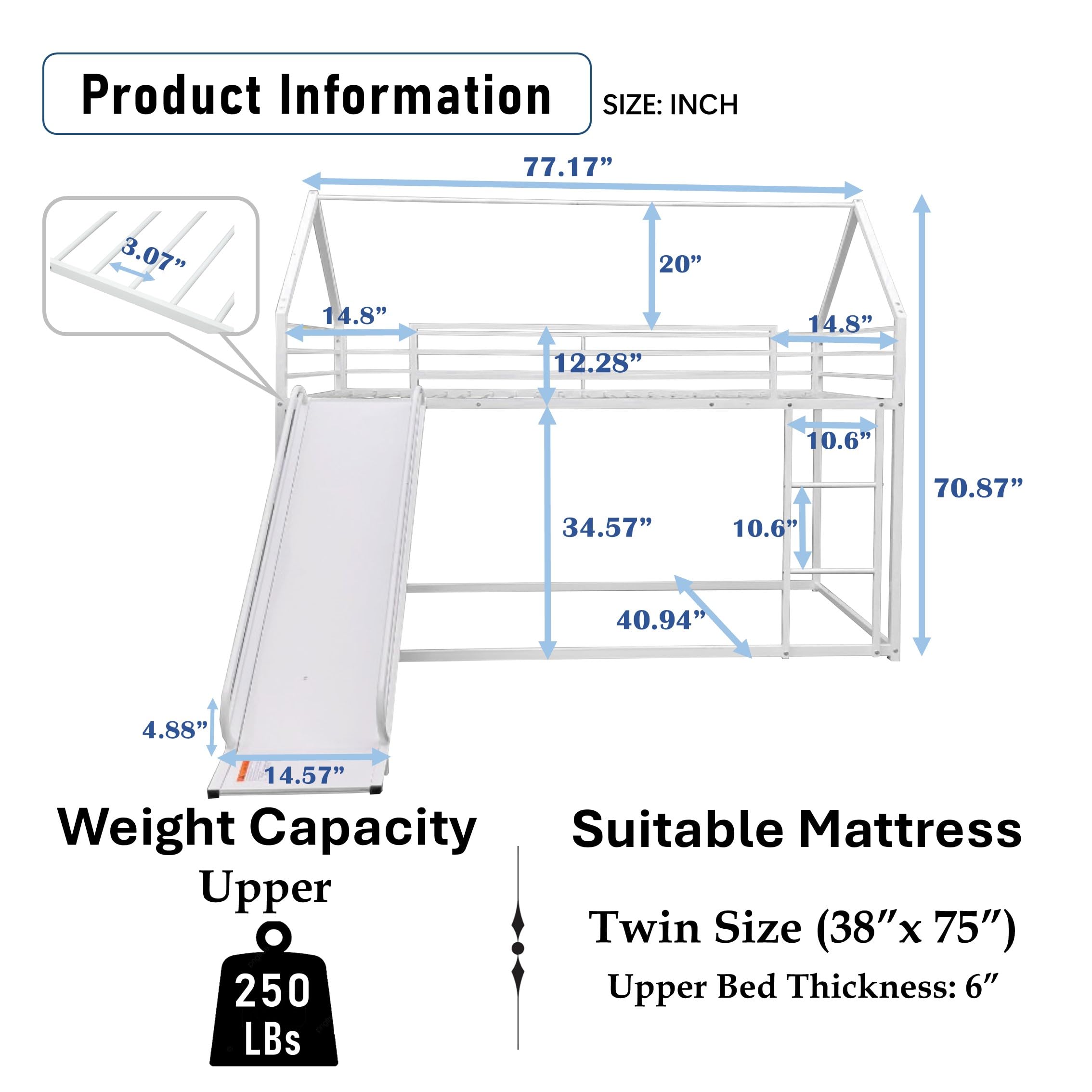 PVWIIK Twin Over Twin Metal Bunk Bed with Slide and Roof Design for Kids,Girls, Boys,House Shaped Bunk Bed Frame,No Box Spring Required,White