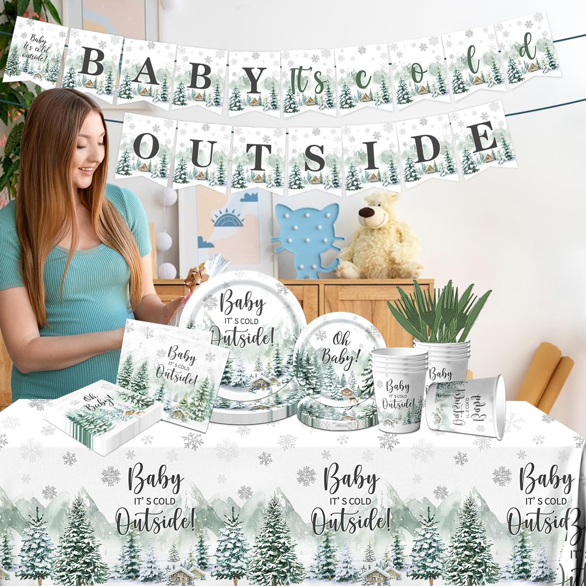 Winter Baby Shower Decorations, 142pcs Baby It's Cold Outside Baby Shower Woodland Plates Napkins Tablecloth Banner Gender Reveal Baby Shower Decorations Boy Girl for Holiday Christmas