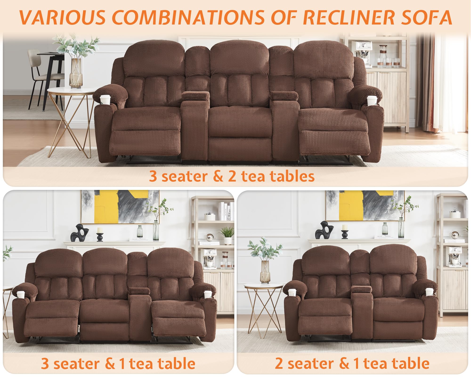 Jocisland Recliner Couch, 3 Seater Recliner with Cup Holders, Plush Fabric Reclining Couch with Dual Wingback, Comfy Recliner Sofas for Living Room(Brown)