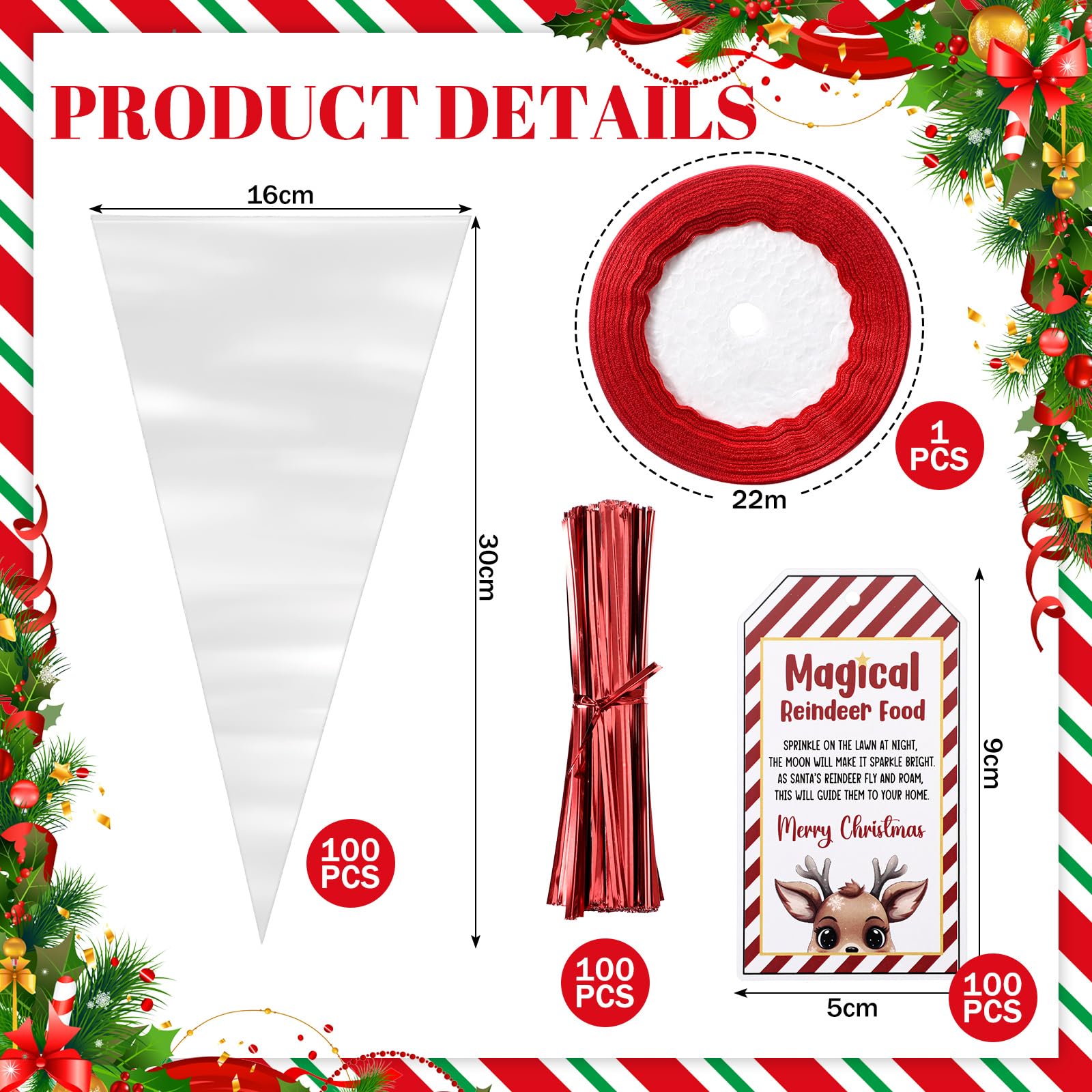 Dansydaisy 100 Set Magic Reindeer Food Christmas Treat Bag with Tag and Red Ribbon Christmas Party Favor Goodie Cone Bags with Labels Twist Ties Plastic Reindeer Food Bags for Xmas Gift Wrapping