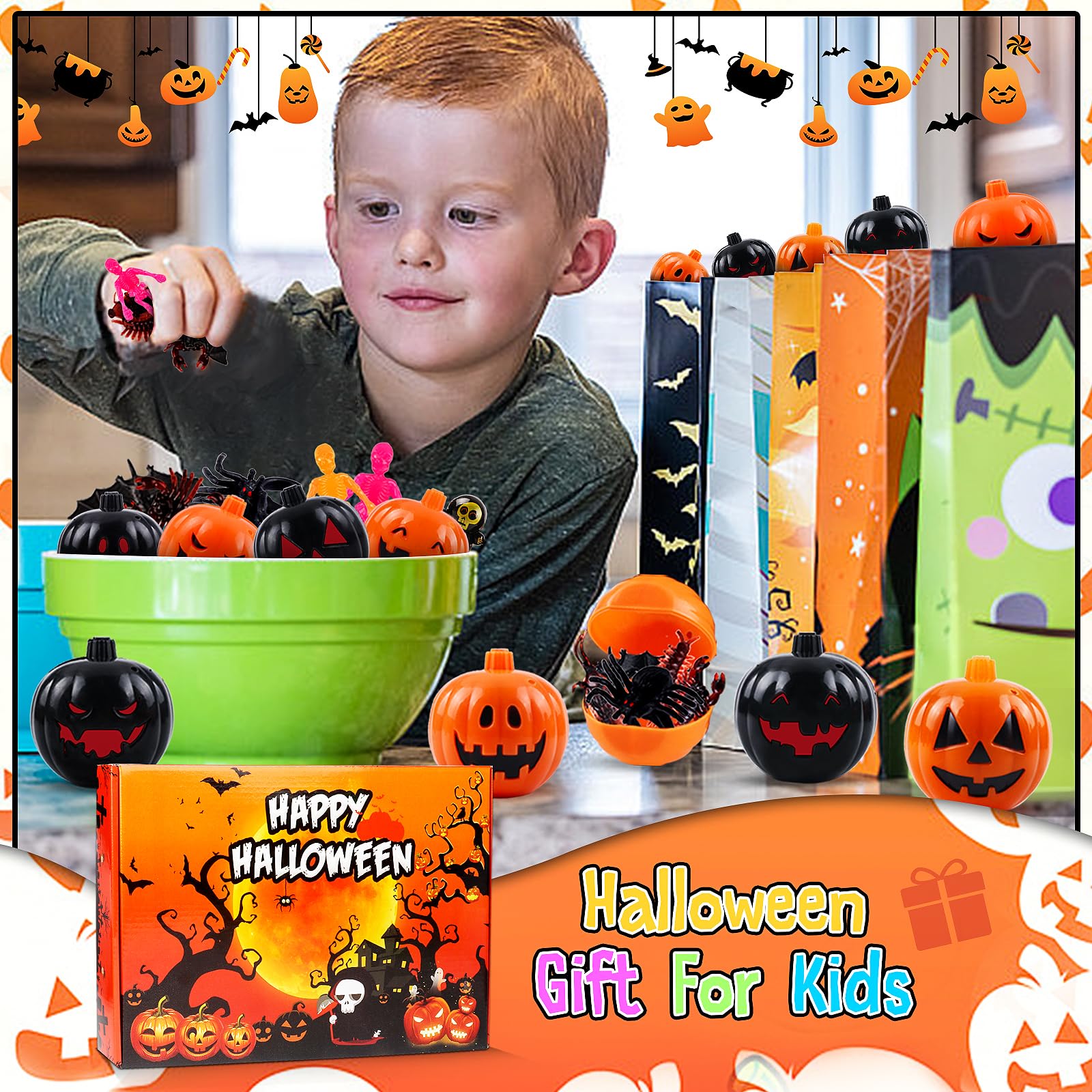 144 pcs Halloween Party Favors for Kids 24 Pack Prefilled Halloween Pumpkin with Halloween Toys, Halloween Treats for Kids, Halloween Goodie Bag Stuffers,Halloween Classroom Prizes