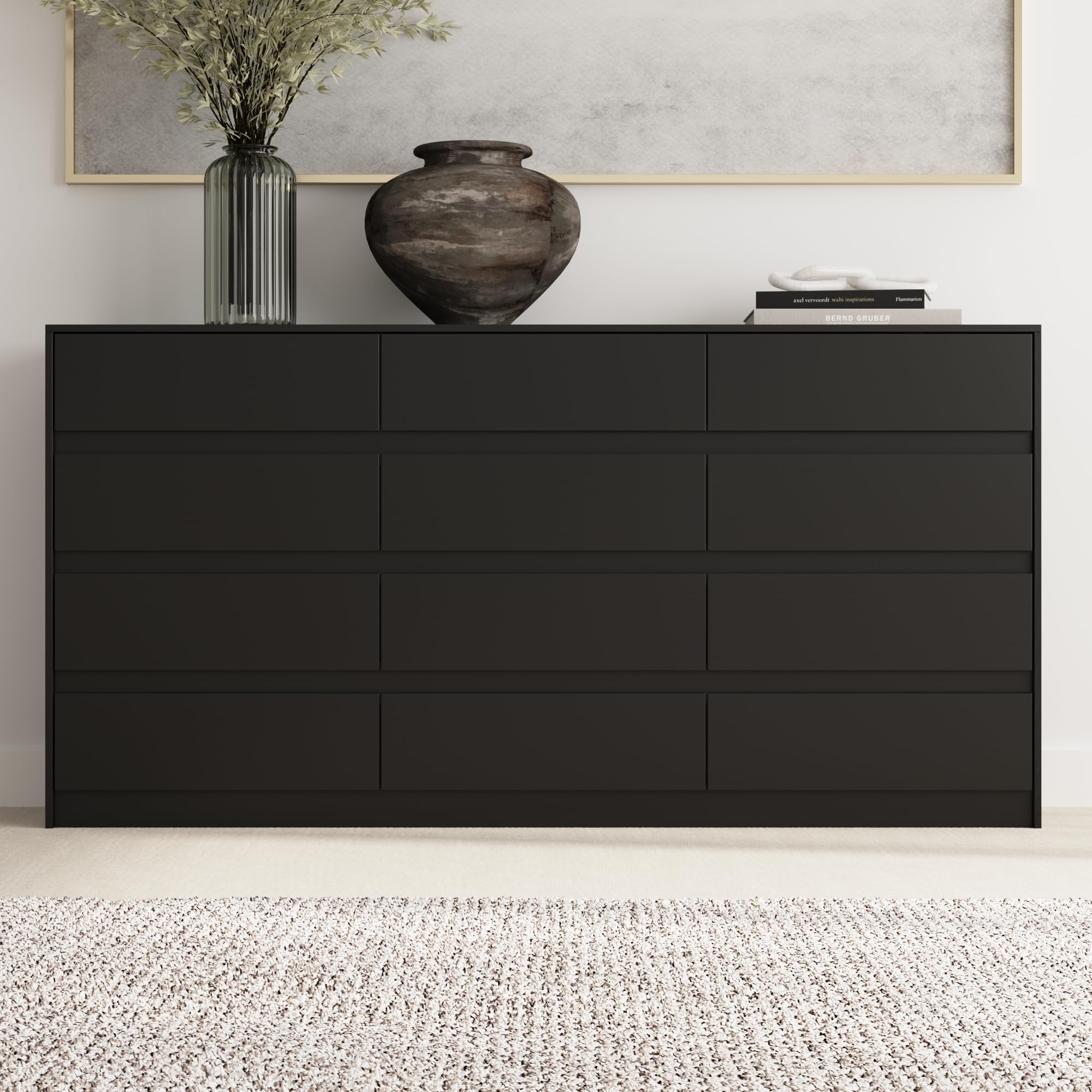 WOODTIME Dresser with 12 Handleless Drawers, 63" Large Chest of Drawers with Slide Rails, Modern Wooden Double Dresser for Bedroom Living Room, Black