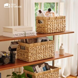 ZenStorage Wicker Storage Basket, Hand-Woven Water Hyacinth Bins for Shelves/Cabinet, Square Wicker Basket with Handles for Organizing Tissue/Book/Magazine/Toy/Blanket, Small&Large, 2 Pack, Natural