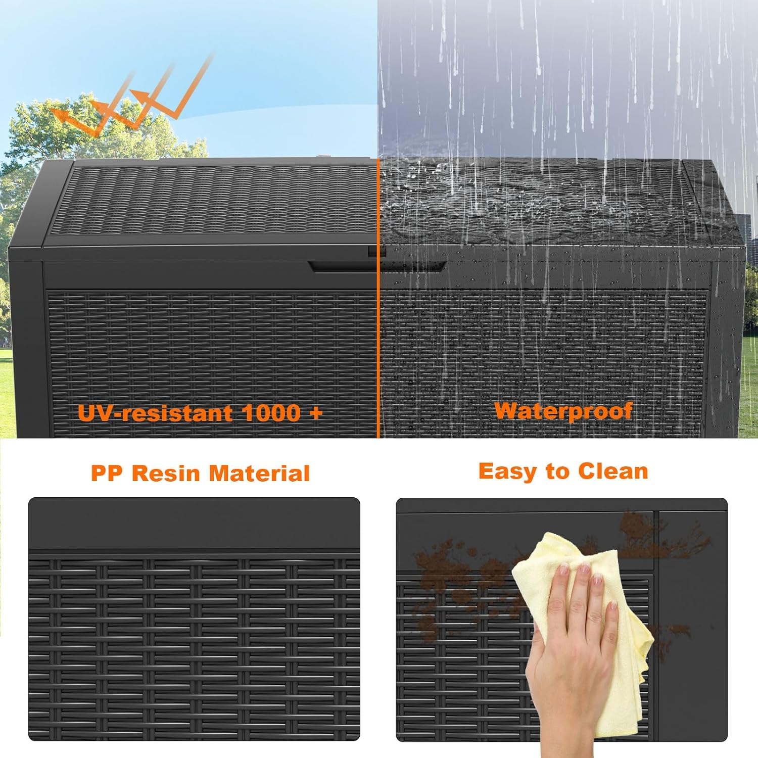 PatioZen 100 Gallon Resin Large Deck Box, Lockable Patio Outdoor Storage Box for Furniture, Garden Tools and Tools Storage, Waterproof Outside Storage Box - Black