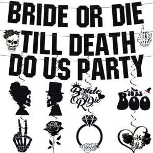 till death do us party bachelorette decorations, pre-assembled black glitter bride or die till death do us party banner and 8pcs hanging swirl, bride or die bachelorette party decorations