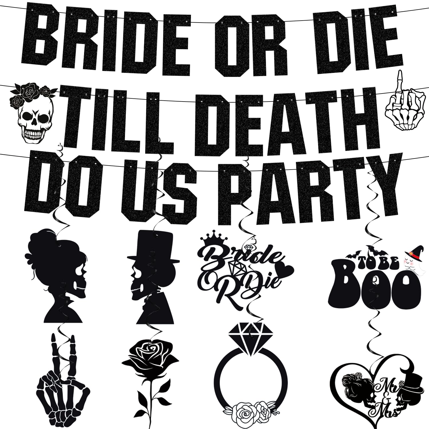 Till Death Do Us Party Bachelorette Decorations, Pre-assembled Black Glitter Bride Or Die Till Death Do Us Party Banner and 8pcs Hanging Swirl, Bride Or Die Bachelorette Party Decorations