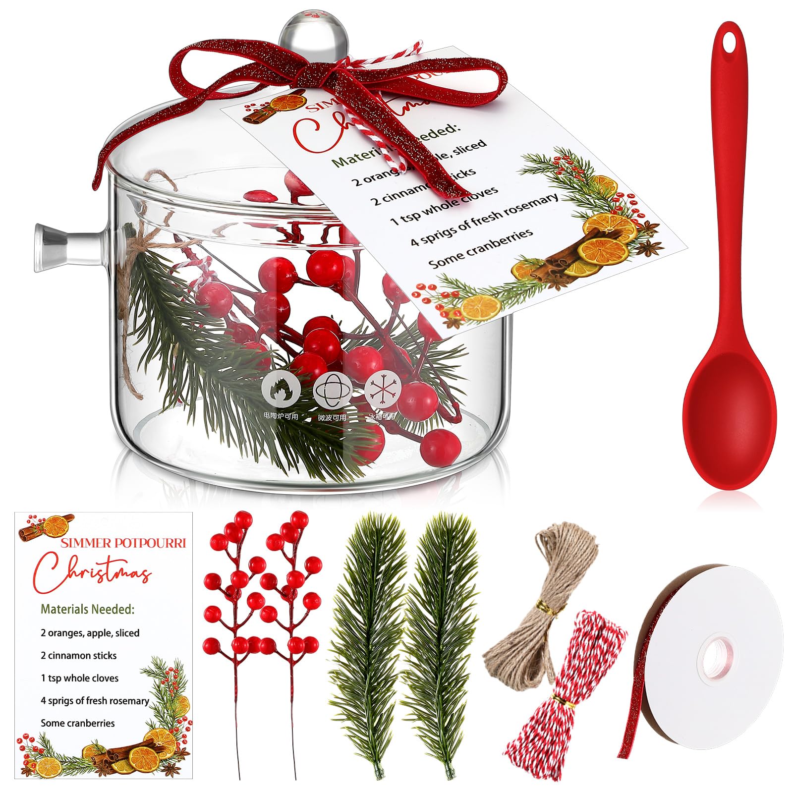 Baderke Christmas Simmer Pot Gift 50 oz Glass Cooking Festive Saucepan Pots with Christmas Card Artificial Red Berries Pine Needles Handmade Cotton Rope Red Ribbon Stirring Spoon for DIY Xmas Gift