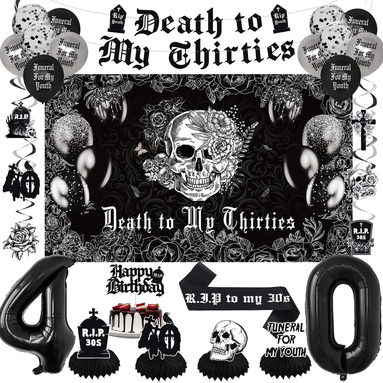 Crenics Death to My 30s Decorations - Death to My Thirties Backdrop, Banner, Honeycomb, Sash, Hanging Swirls, Cake Topper and Balloons for 40th Birthday Party Decorations for Women or Men